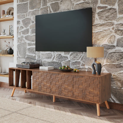 Mid-Century Walnut TV Stand 80" Push-Pop Doors MDF Wood