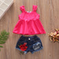 European And American Hot Selling Girls Sling Strapless Top  Rose Denim Ripped Shorts Suit