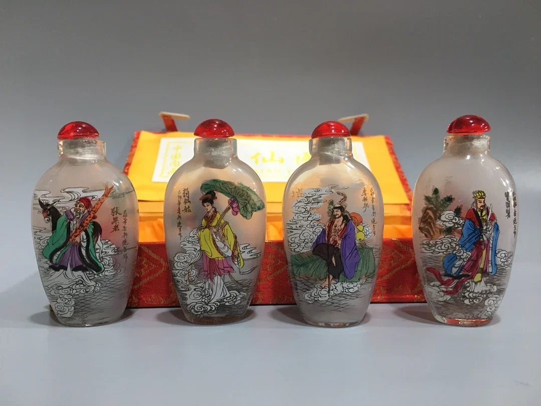 4PCS Chinese Inside Painted Glass Snuff Bottle - Eight Immortals, with Storage Box
