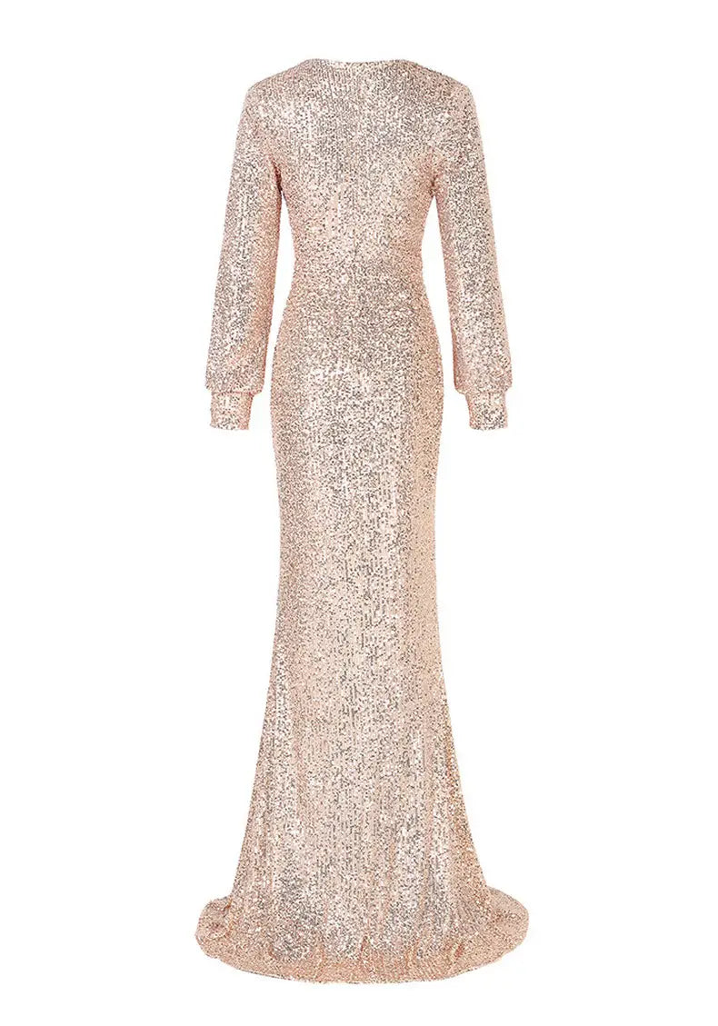 Sequined High Slit Evening Dress - Long Sleeve, Deep V-Neck, Bodycon Fit, Floor Length - Gold / Navy Blue / Wine Red