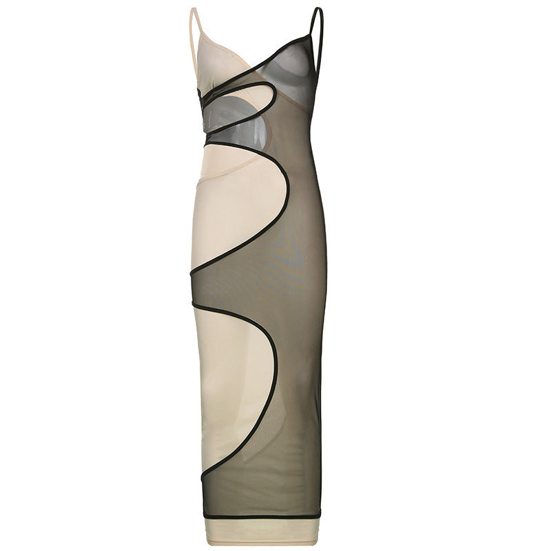 Mesh Stitching Contrast Color V-neck Hollow-out Camisole Midriff Outfit Sexy Hot Girl Temperament Jumpsuit Dress