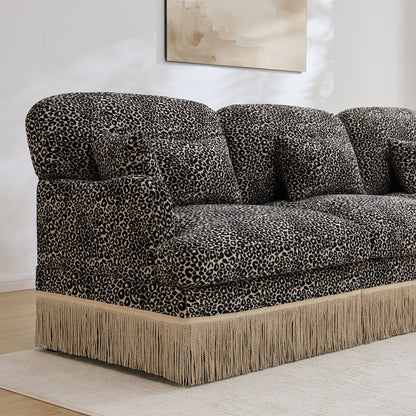Sectional Sofa Modular Chenille Leopard Print Khaki 4 Seat Deep Seat