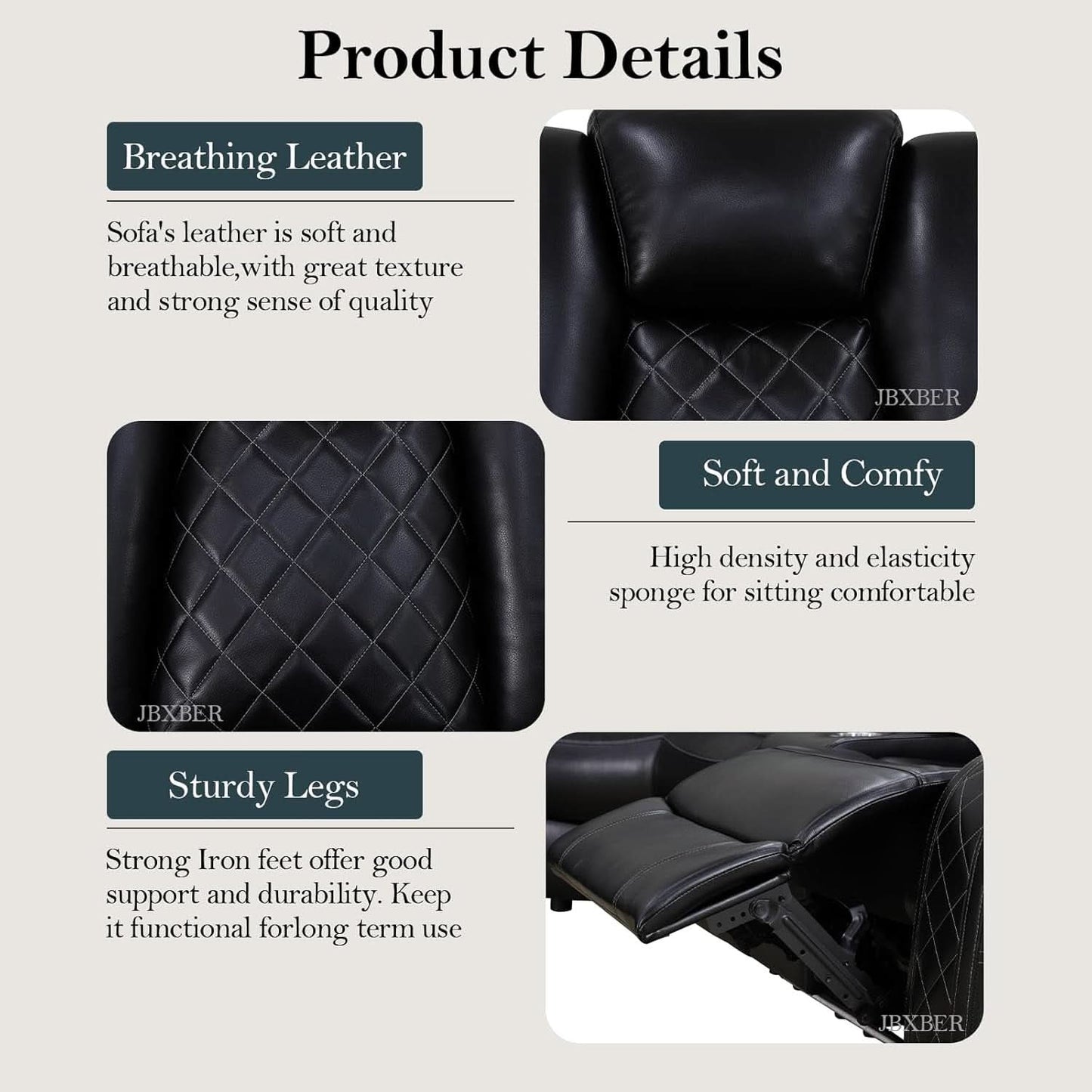 Power Recliner Sectional Sofa Set In Black With Led Lights