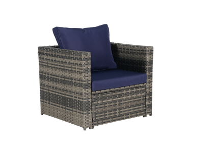 Outdoor Patio Set PE Rattan Steel Dark Blue Cushion 6 Piece Seats 8