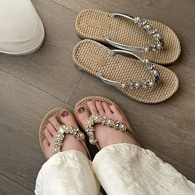 French Style Pearl Rhinestone Thong Slippers For Women,Straw Flat Anti-Slip Versatile Outdoor Beach Slides