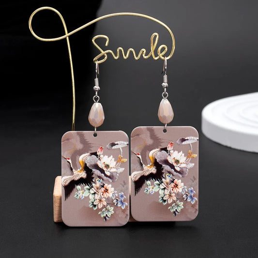 Chinese Crane Flower Dangle Earrings – 3D Printed Acrylic