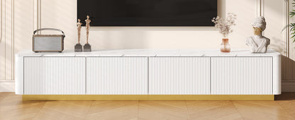 Luxury Fluted White TV Stand Faux Marble Top 4-Drawer 85