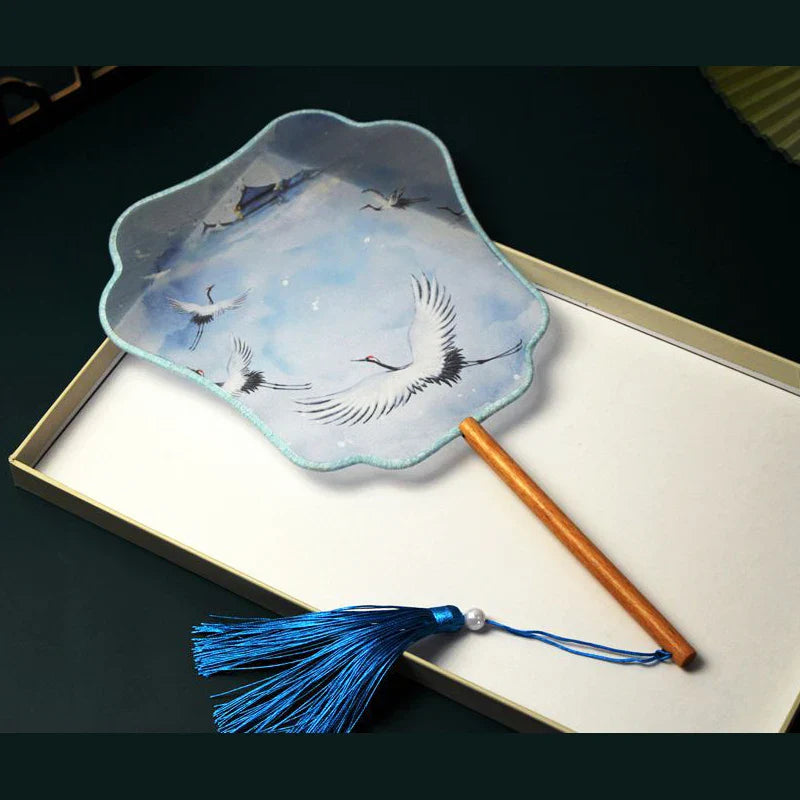 Chinese Silk Round Hand Fan with Floral Embroidery