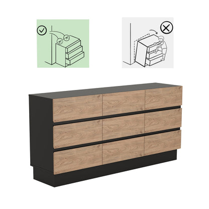 Dresser Modern 9-Drawer Oak MDF Handleless 62.9x15.6x31.1 In