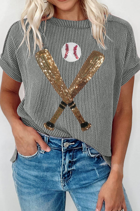 Sequin Baseball Shirt - Sequin Baseball Round Neck Short Sleeve T-Shirt