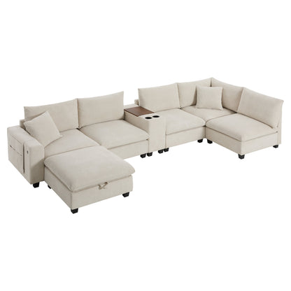 Sectional Sofa U-Shape Corduroy Beige 6 Seat Storage Ottoman USB 140 In