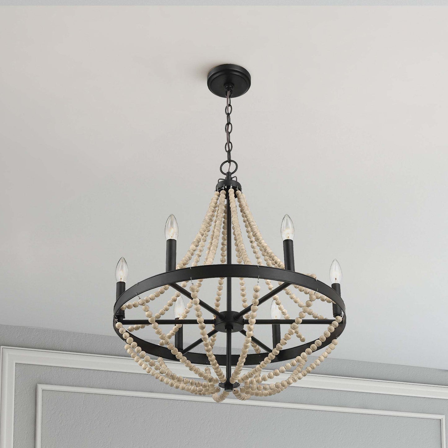 Chandelier Farmhouse Wood Beaded 6-Light Black Metal Glass 22 In
