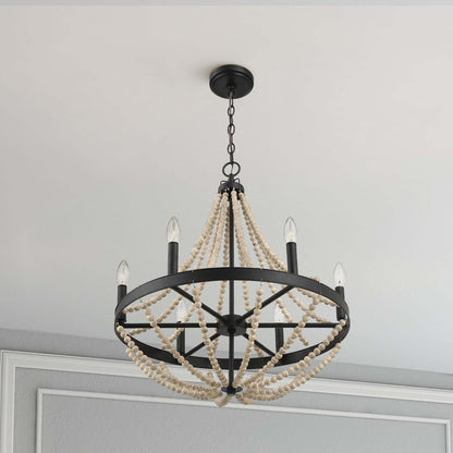 Chandelier Farmhouse Wood Beaded 6-Light Black Metal Glass 22 In