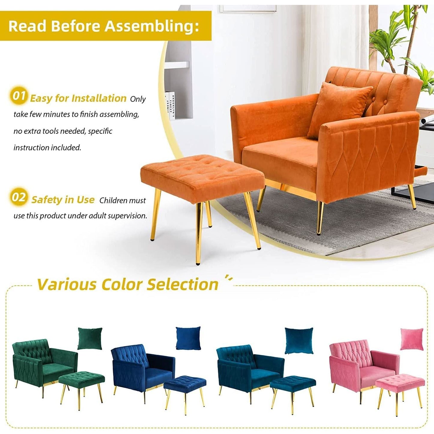 Orange Velvet Accent Chair With Adjustable Armrests And Backrest