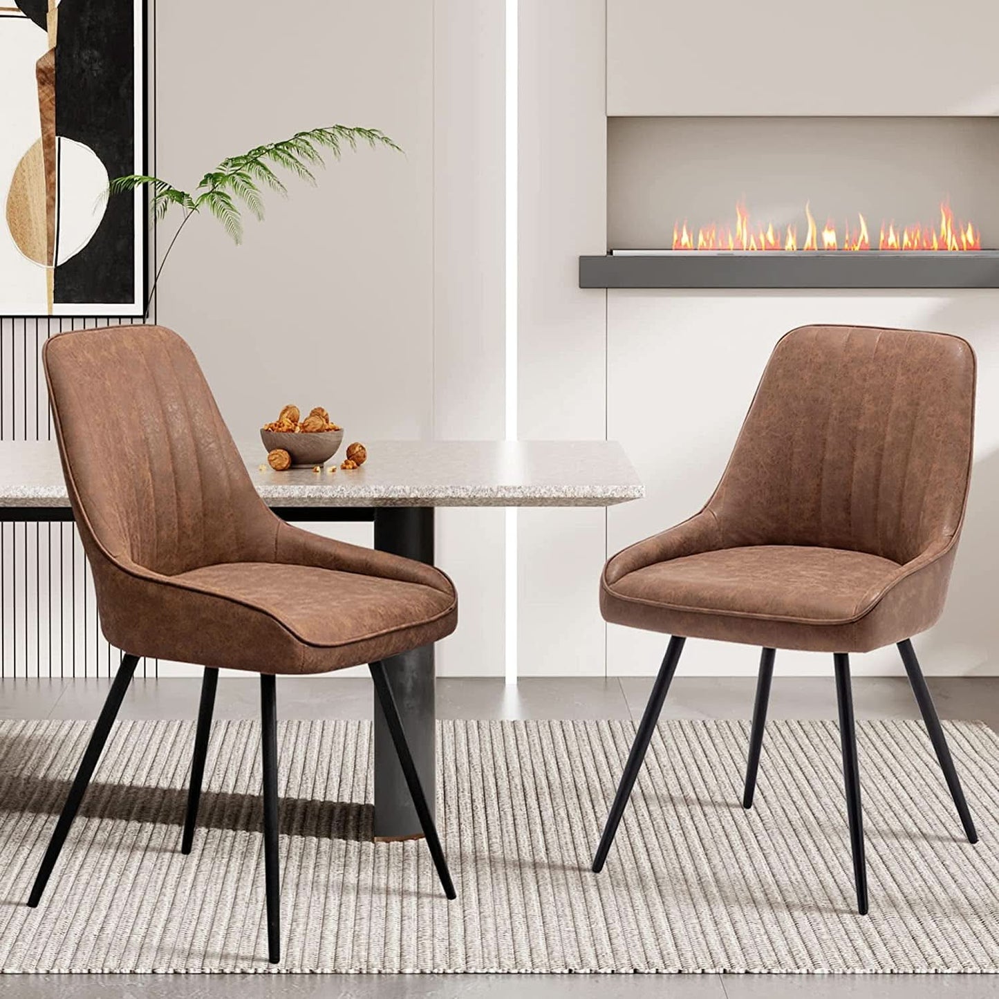 Two Brown Faux Leather Mid Century Modern Dining Chairs