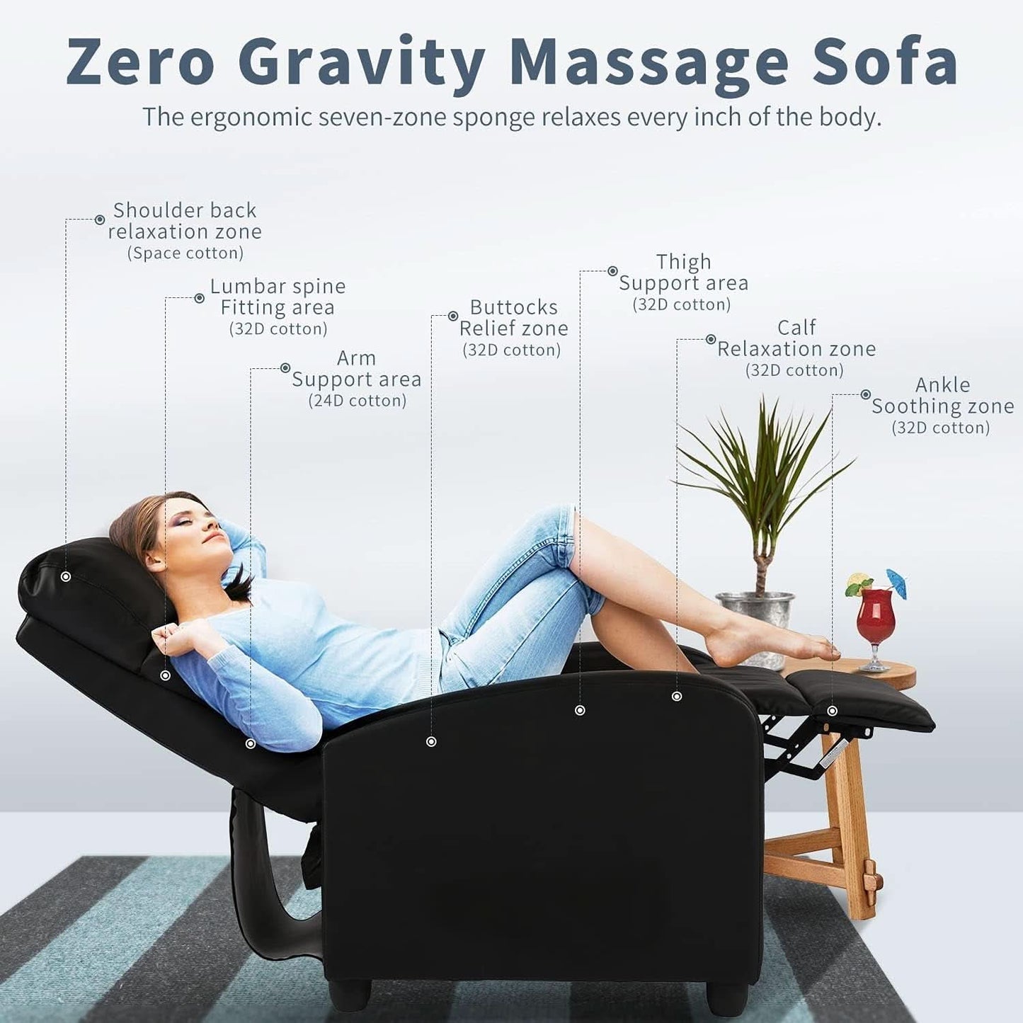 Black Wingback Recliner With Massage Therapy Living Room