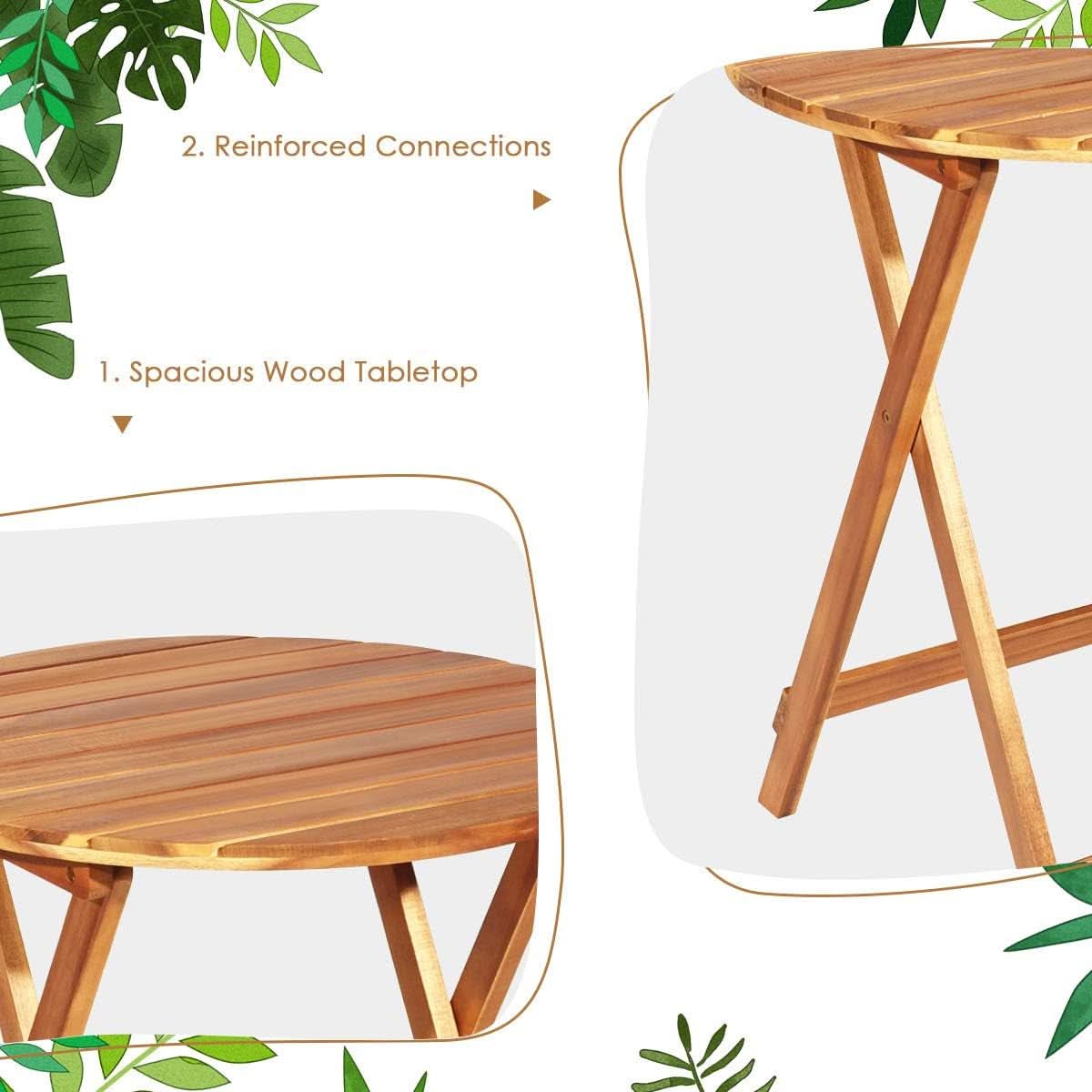 Patio Bistro Set With Wood Table And Navy Cushioned Chairs