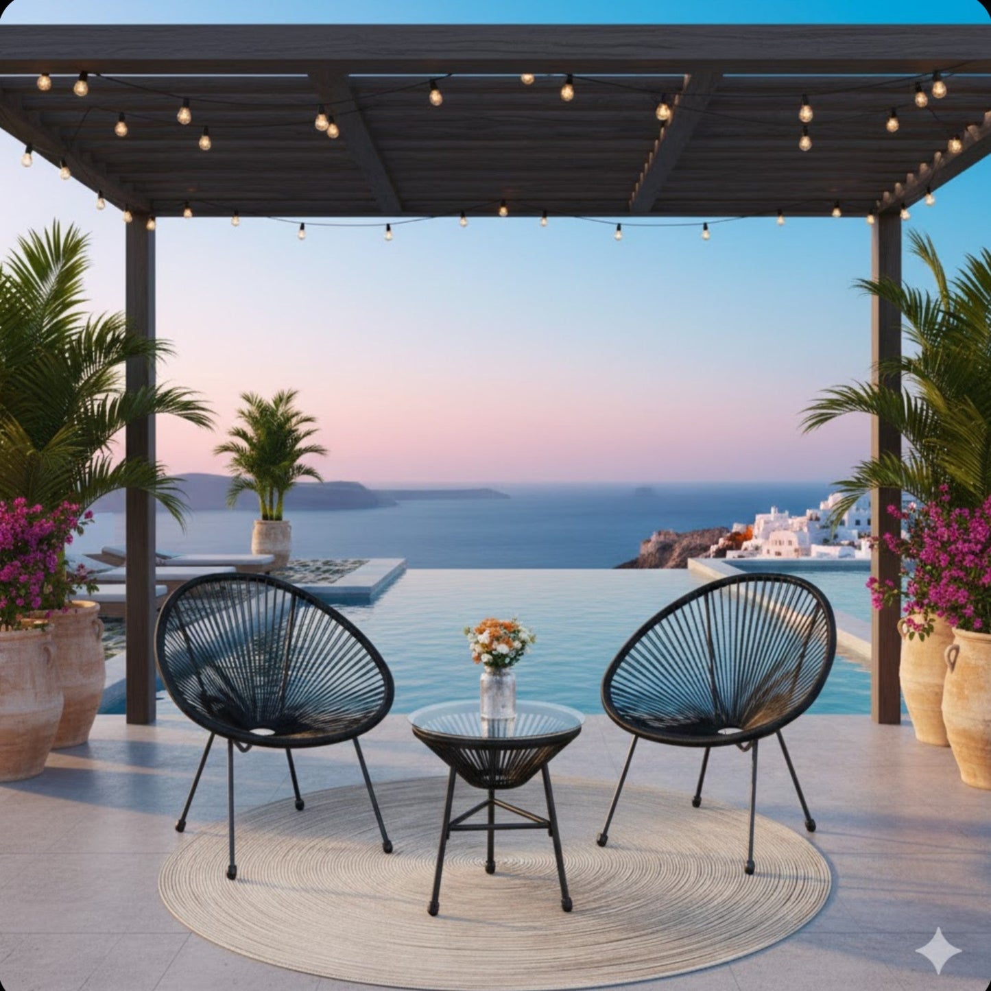 Outdoor Bistro Set PE Rattan Black Tempered Glass Table 3pc