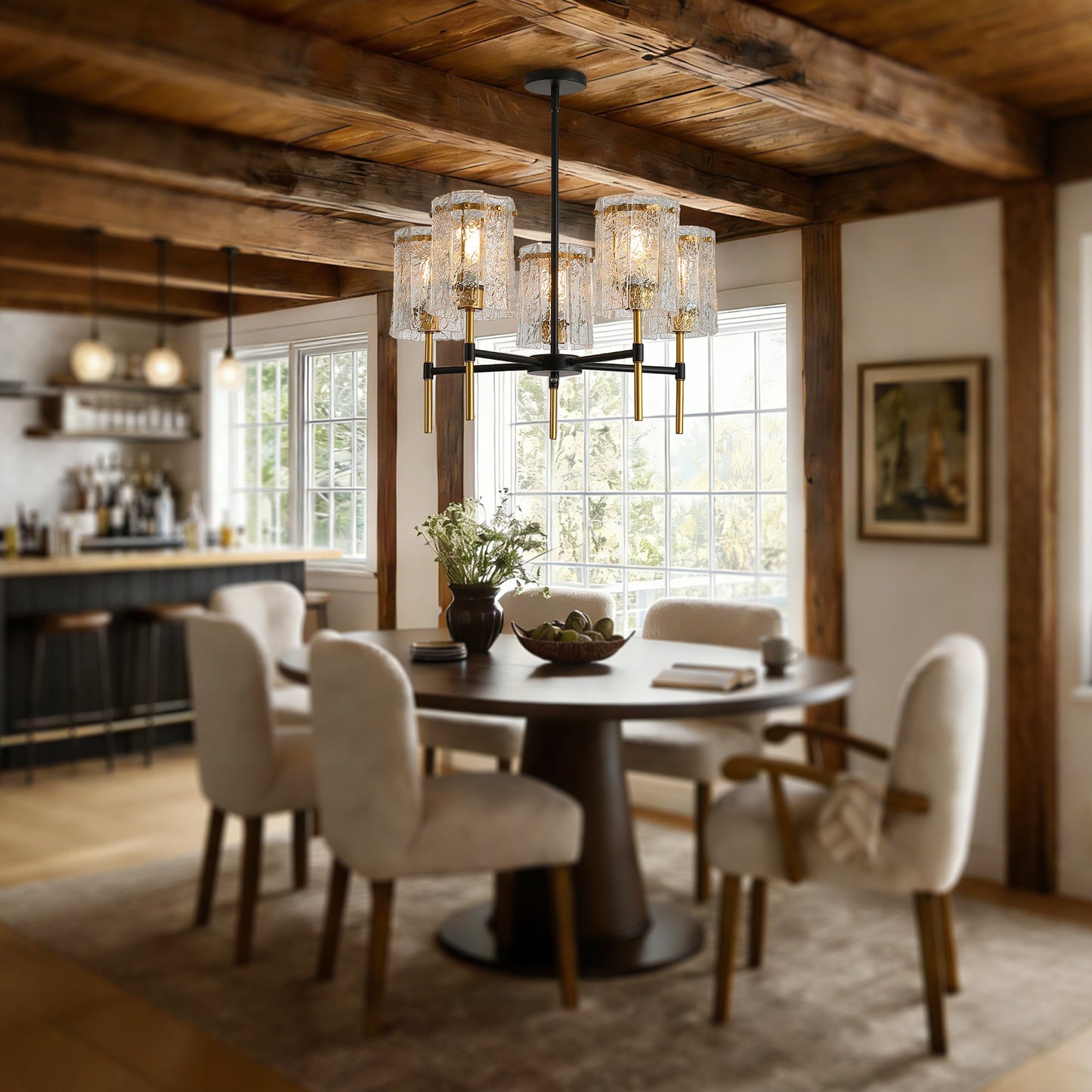 Chandelier 5-Light Black Gold Farmhouse Textured Glass Pendant Modern
