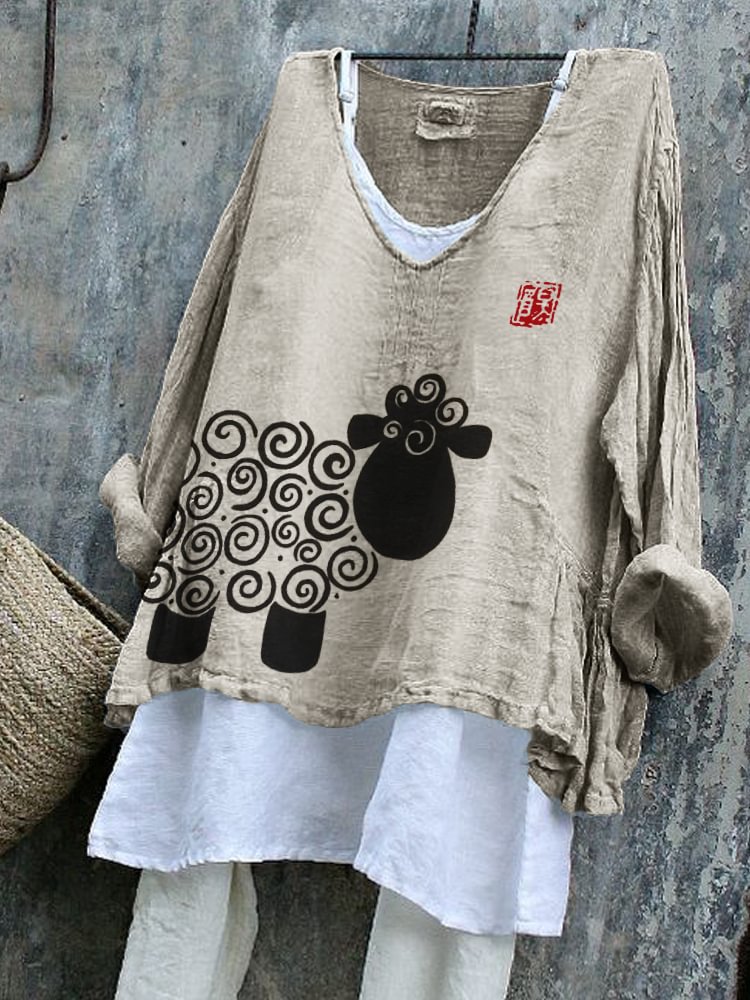 SpringSummer V-neck Long-sleeve Shirt Artistic Retro And Relaxed-fit