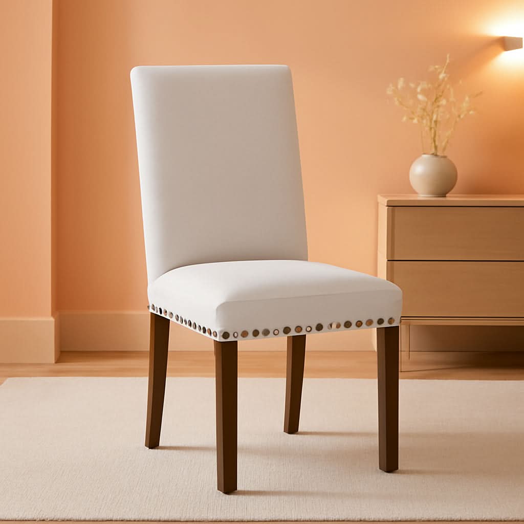 Beige Upholstered Parsons Chair With Nailhead Trim