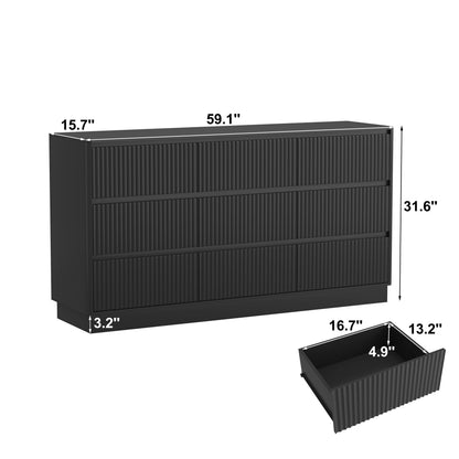 Mid-Century 9-Drawer Black Wave Dresser 59.1x15.7x31.6
