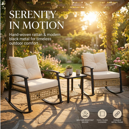 Outdoor Rocking Chair Set Iron Wicker Beige Yellow 3 Piece Table