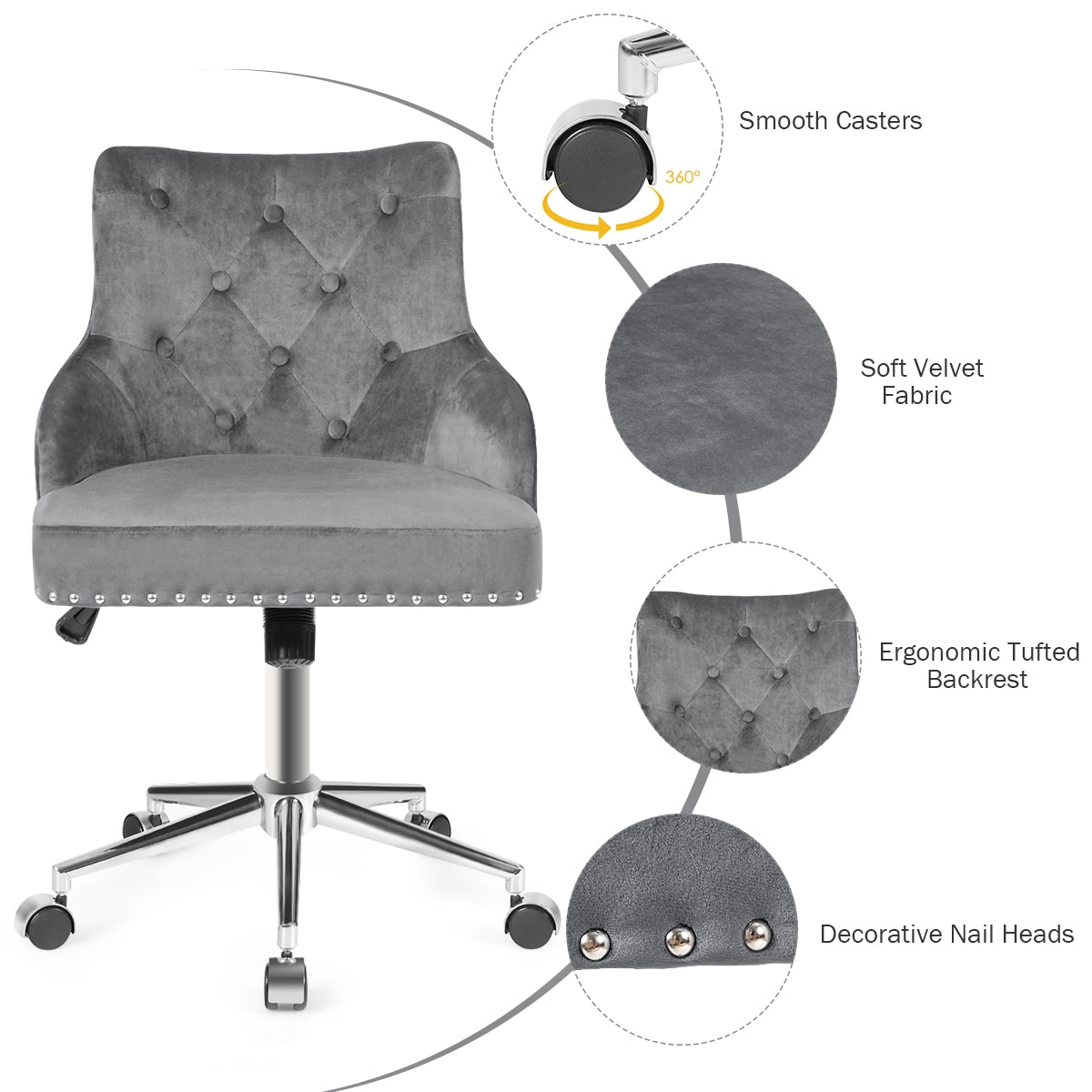 Tufted Upholstered Swivel Computer Desk Chair with Nailed Tri