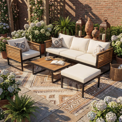 Outdoor Sofa Set 4 Piece Acacia Wood Steel Modern