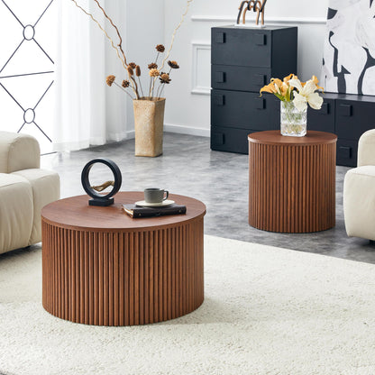 2-Piece Nesting Coffee Table Set, Roman Column MDF Round, Built-in Storage