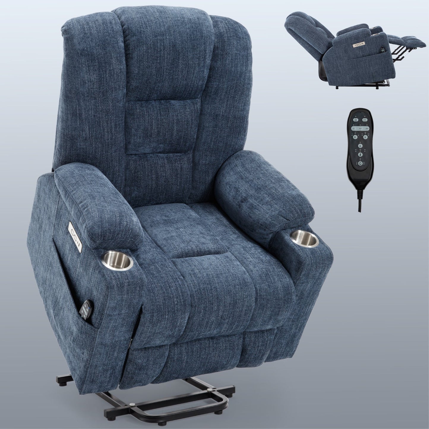 Lift Recliner Chair Power Chenille Blue Heat Massage USB Cup Holders 350 LB