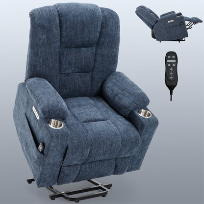 Lift Recliner Chair Power Chenille Blue Heat Massage USB Cup Holders 350 LB