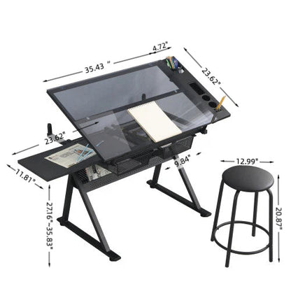 black adjustable tempered glass drafting printing table with chair