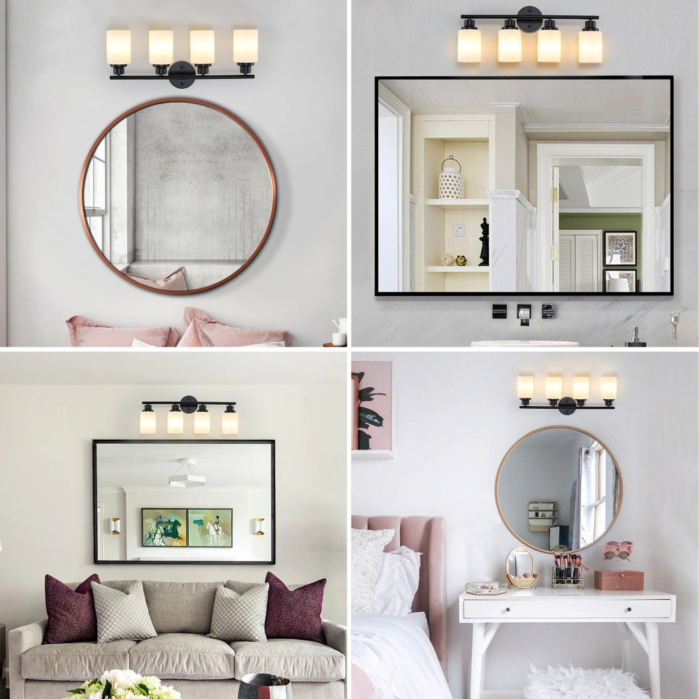 Vanity Light Fixture | 4/5/6/8-Light Bathroom Wall Sconce with Frosted White Glass & Iron Frame — Black, Chrome or Gold, 4 Sizes