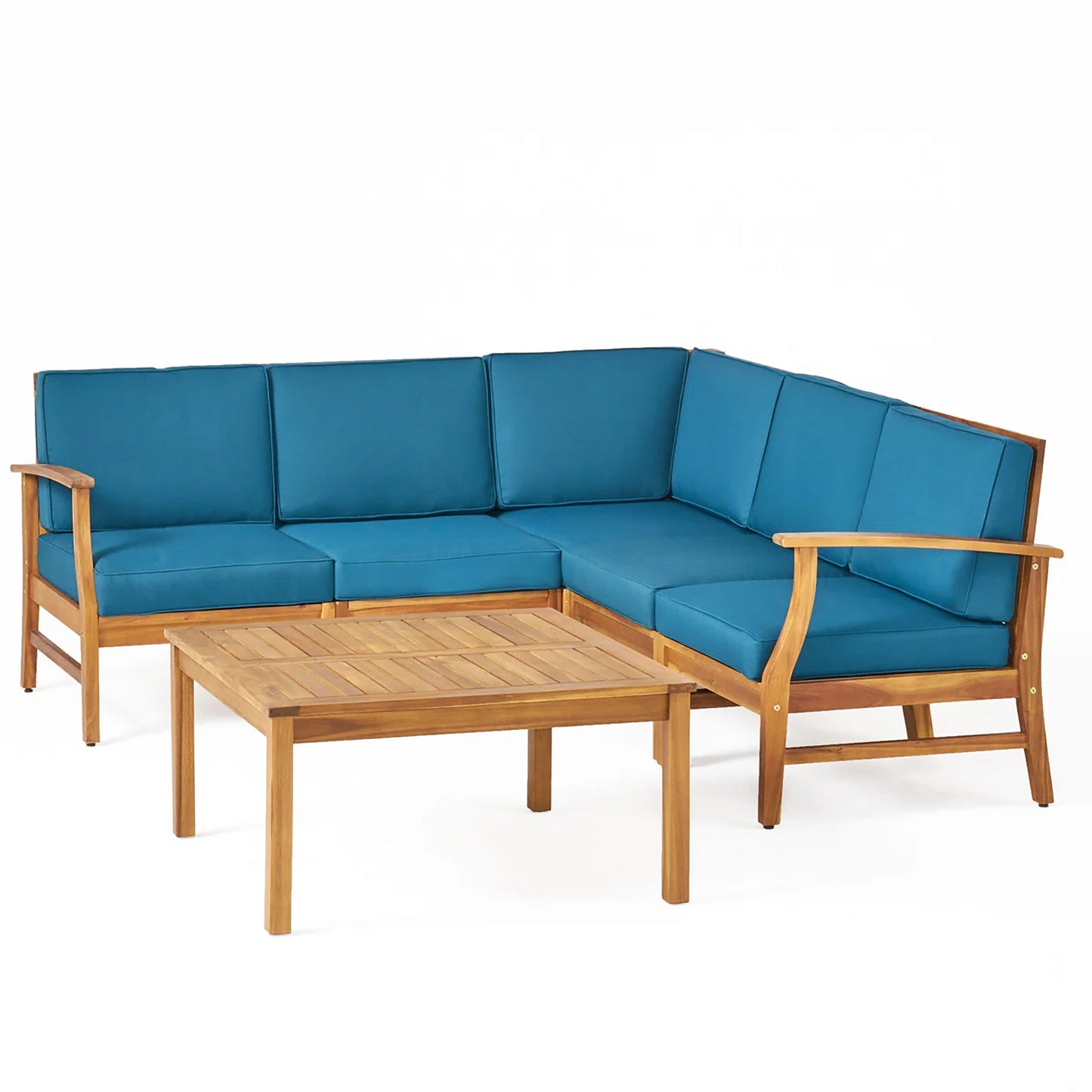 PERLA 6-Piece Outdoor Sectional Sofa Set, Acacia Wood Frame, Blue Cushions
