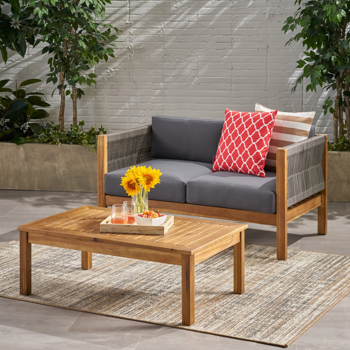 Outdoor Patio Set Acacia Wood Rope Teak Cushions 4 Seater