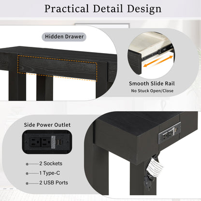 Rustic Console Table, Hidden Drawer, Side Power Outlet, Entryway Table, Black