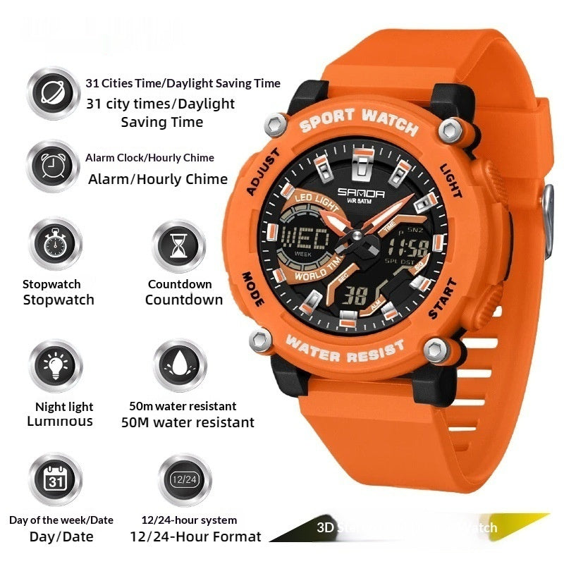 Students Dual-display Luminous Chronograph Watch For Hiking