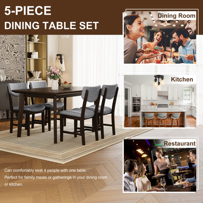 Rustic 5-Piece Dining Set - 1 Solid Wood Table + 4 Upholstered Chairs,
