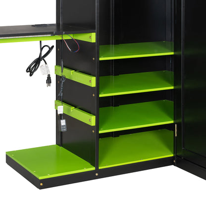 Full Size Wood Loft Bed with Desk, Multi-storage Shelves,USB and RGB Light,Green