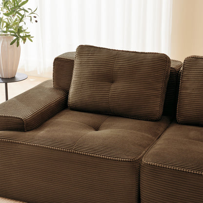 Sectional loveseat L-Shape Corduroy Brown 2 Seat Modular with Ottoman 82 In