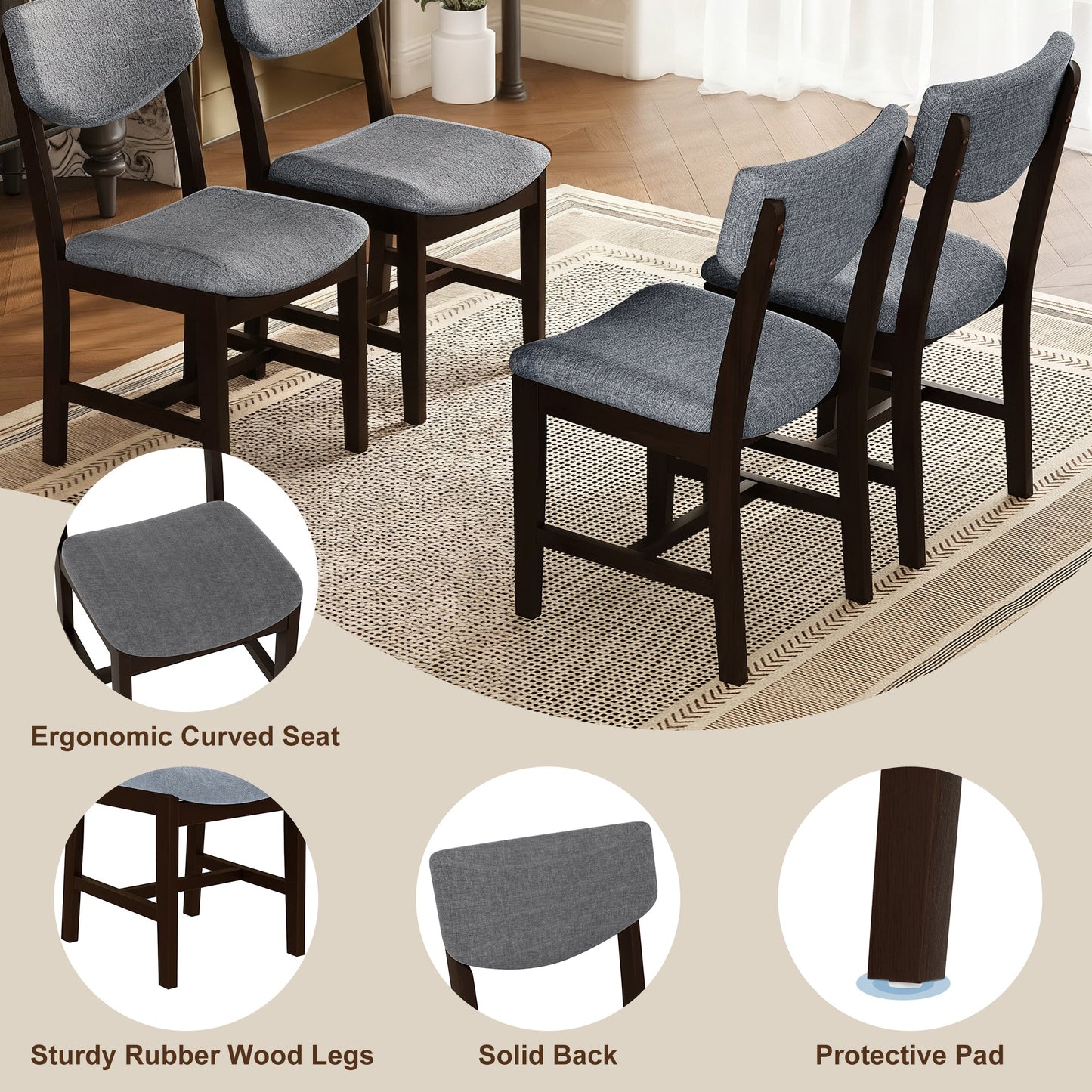 Rustic 5-Piece Dining Set - 1 Solid Wood Table + 4 Upholstered Chairs,