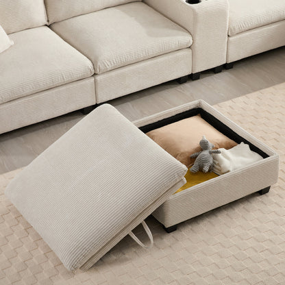Sectional Sofa U-Shape Corduroy Beige 6 Seat Storage Ottoman USB 140 In