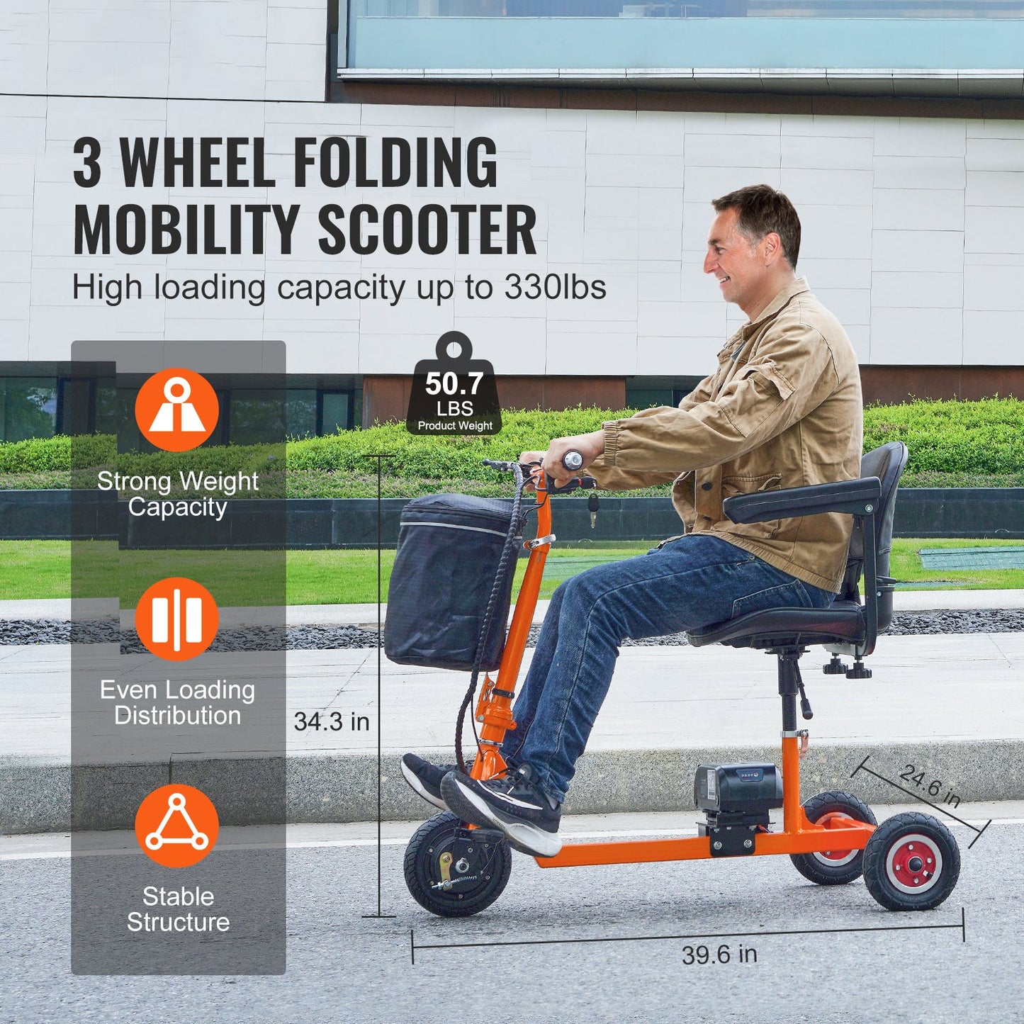 Mobility Scooter 3-Wheel Foldable Iron Orange 300 LB 12 Mile Range