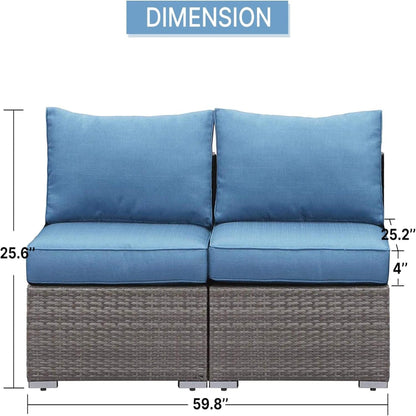 Outdoor Patio Sofa Set PE Rattan Blue 2 Piece Armless Modular