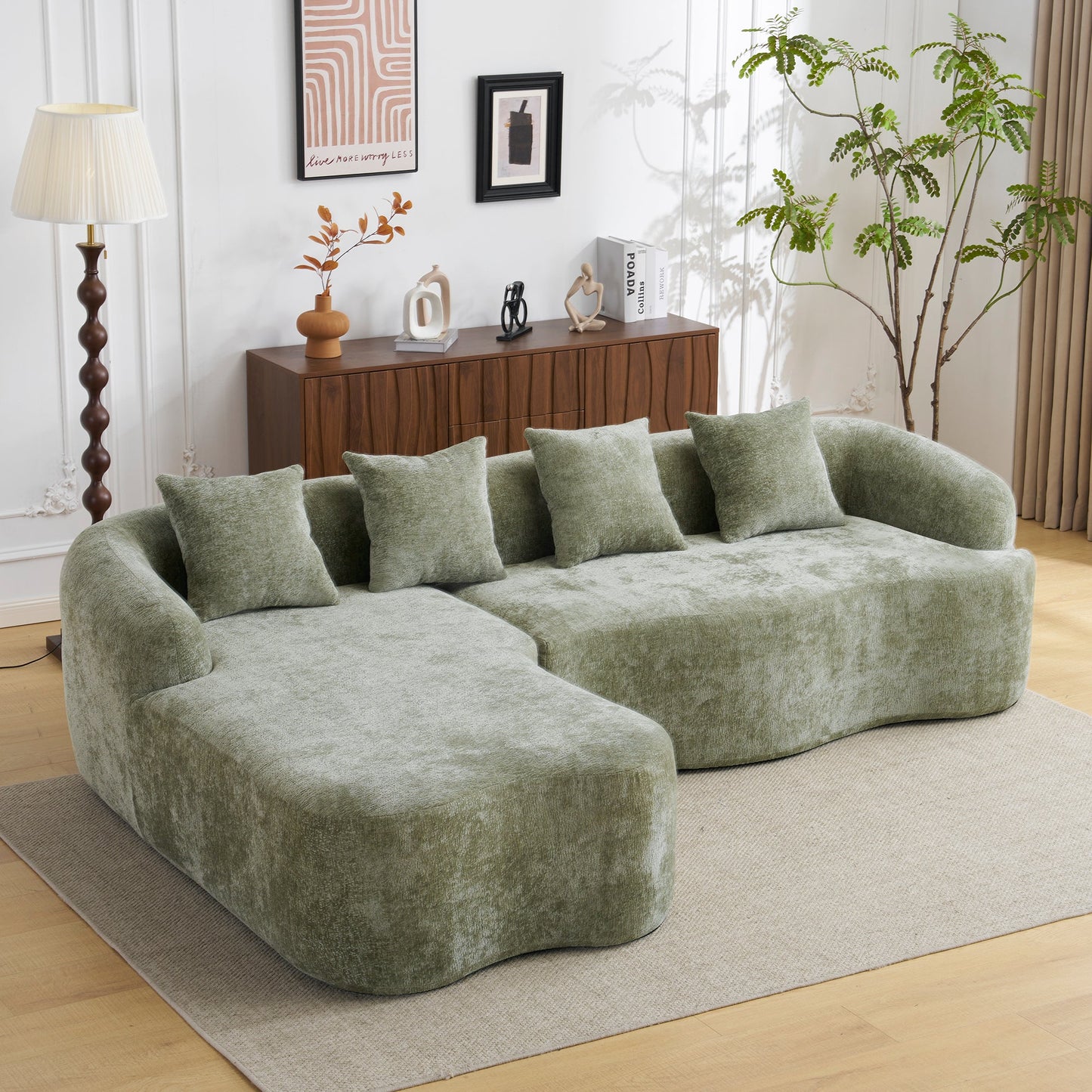 Sectional Sofa L-Shape Chenille Green 4 Seat 104