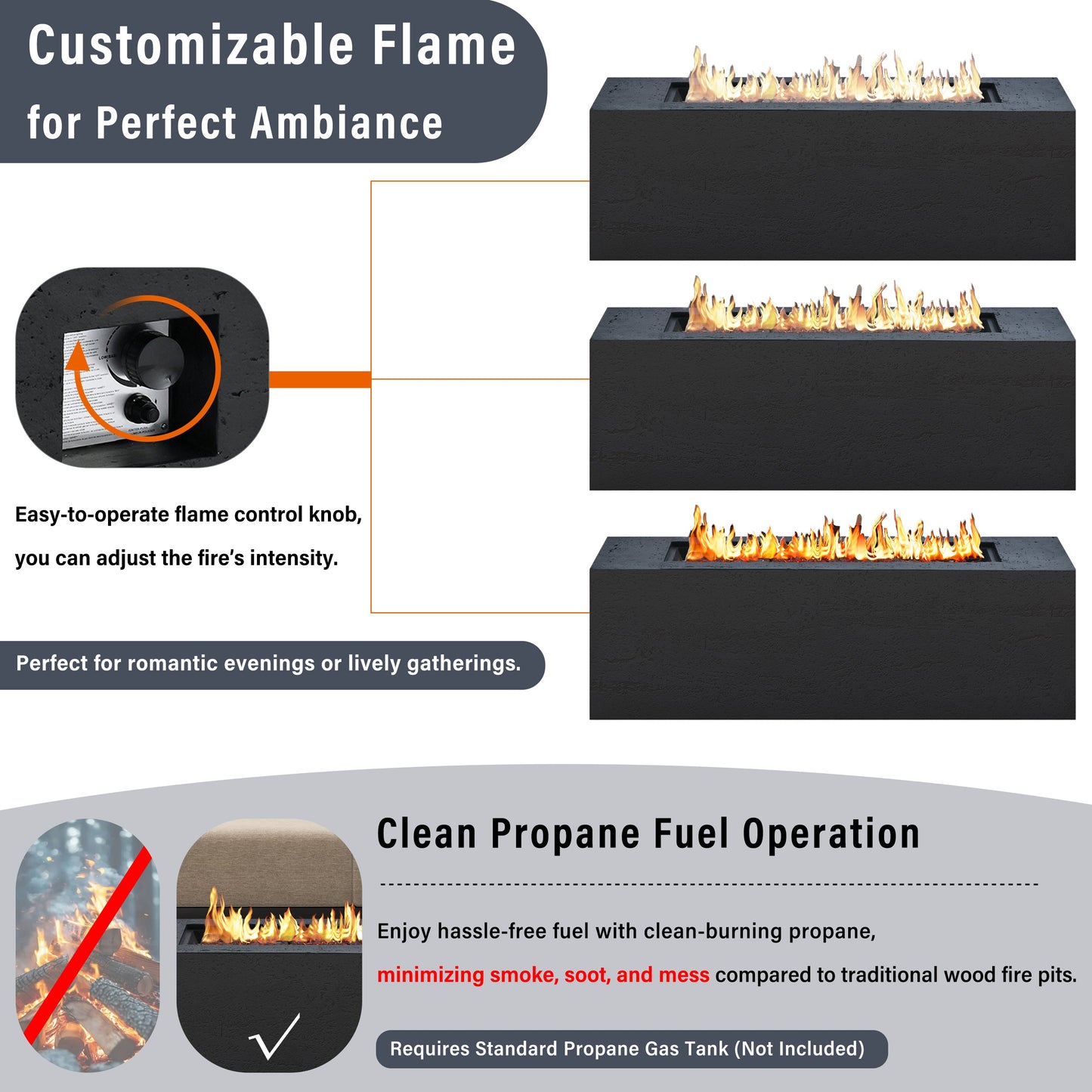 Rectangular Propane Fire Pit 40000 BTU 41.9" Black Gray MGO