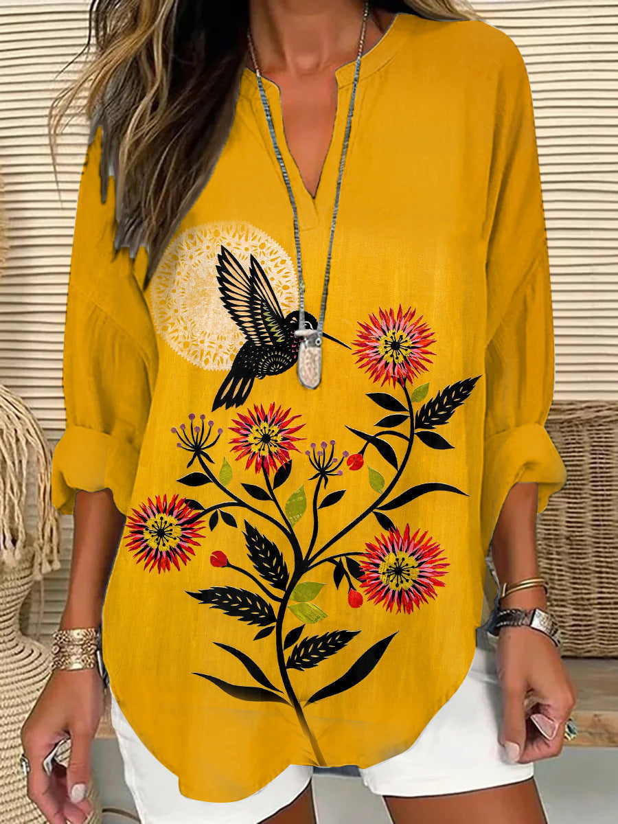 Womens Fashion Floral Print V-Neck Long-Sleeve T-Shirt