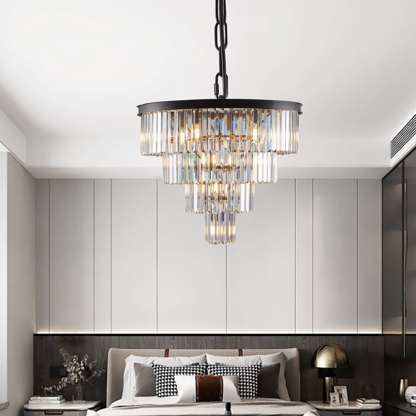 Chandelier Crystal 4-Tier Black 24 In Modern Living Dining Room