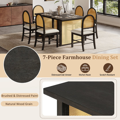 7-Piece Farmhouse Dining Table Set for 6, 59.8 in Rectangular Table with Rattan Chairs